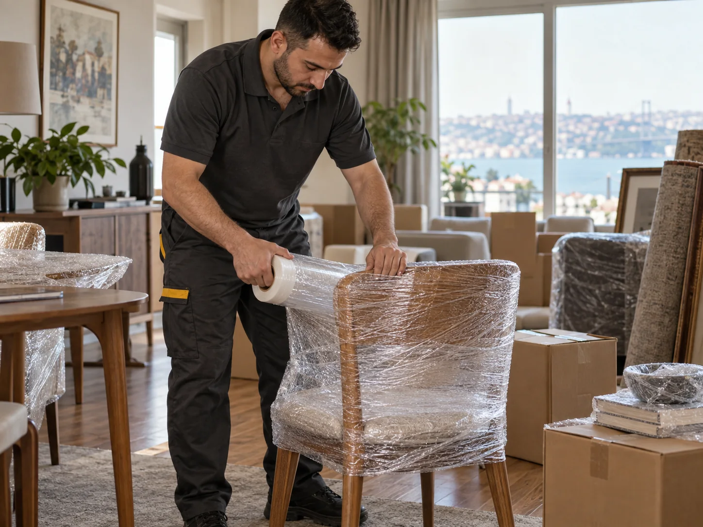 Özer Nakliyat çalışanı bir mobilyayı koruyucu filmle paketliyor